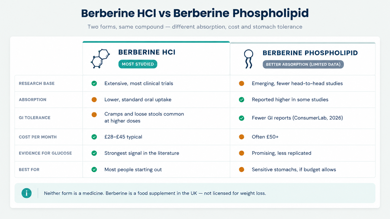 Berberine HCl vs berberine phospholipid comparison: research base, absorption, GI tolerance and cost per month