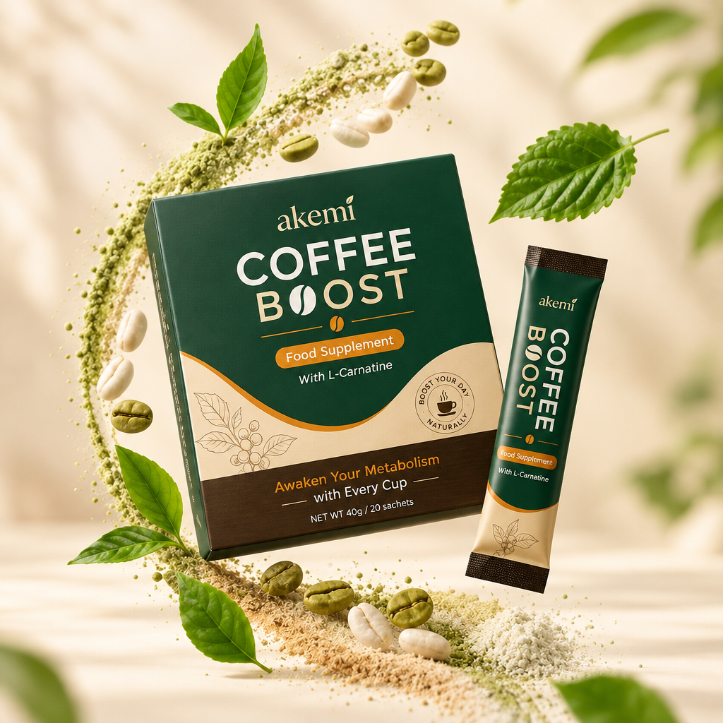 Akemi Coffee Boost box in forest green, cream and coffee brown with a single sachet, on a light surface