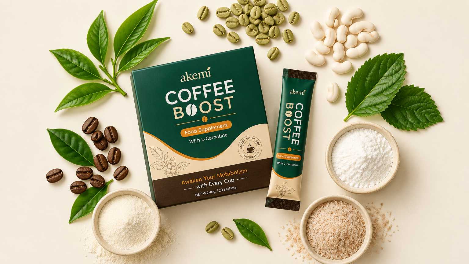 Flat-lay of the seven Akemi Coffee Boost ingredients around the product box, including green tea leaves, green coffee beans and oat fiber bowls