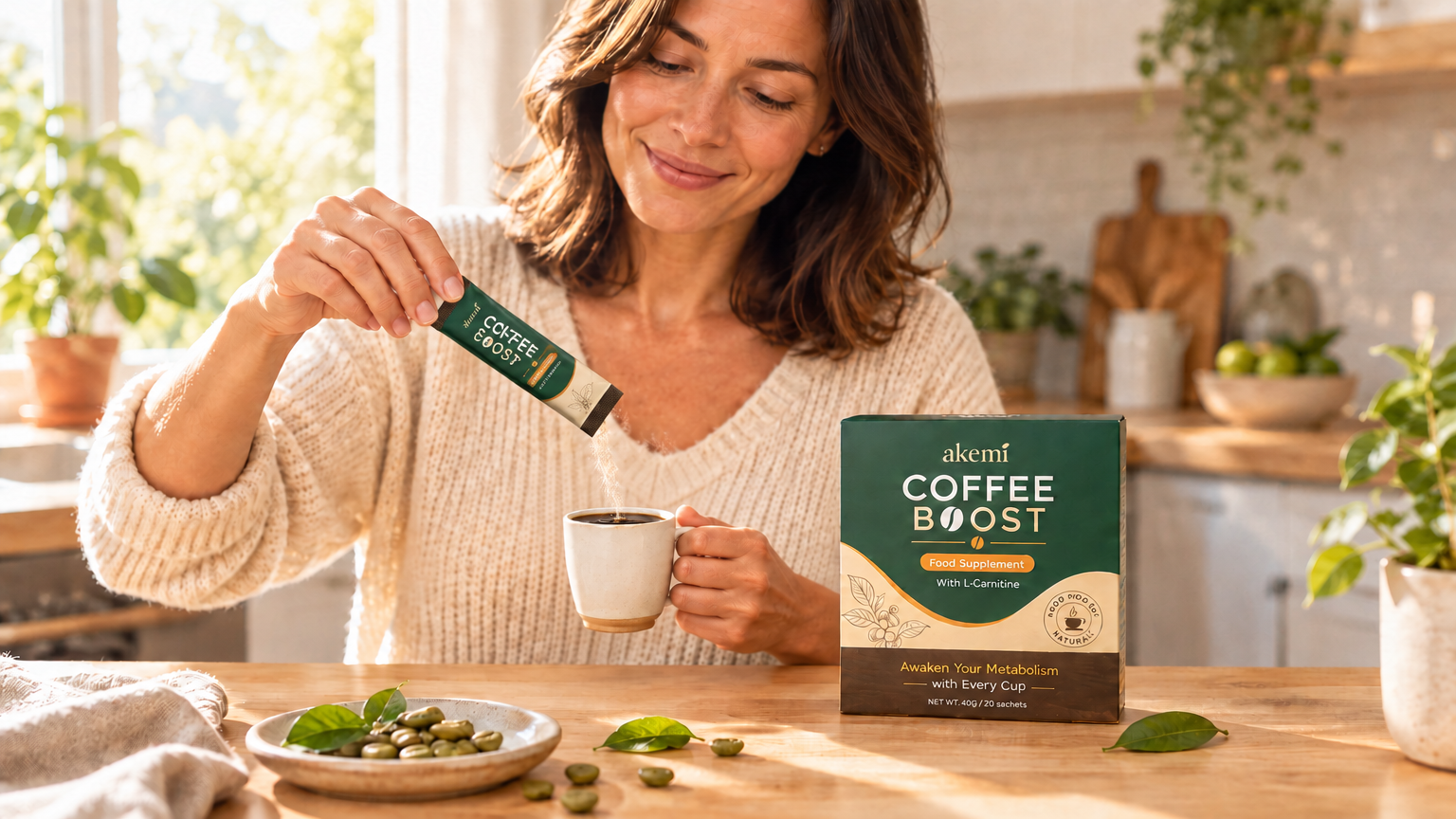 Woman adding an Akemi Coffee Boost sachet to her morning coffee in a bright kitchen, with the product box on the counter