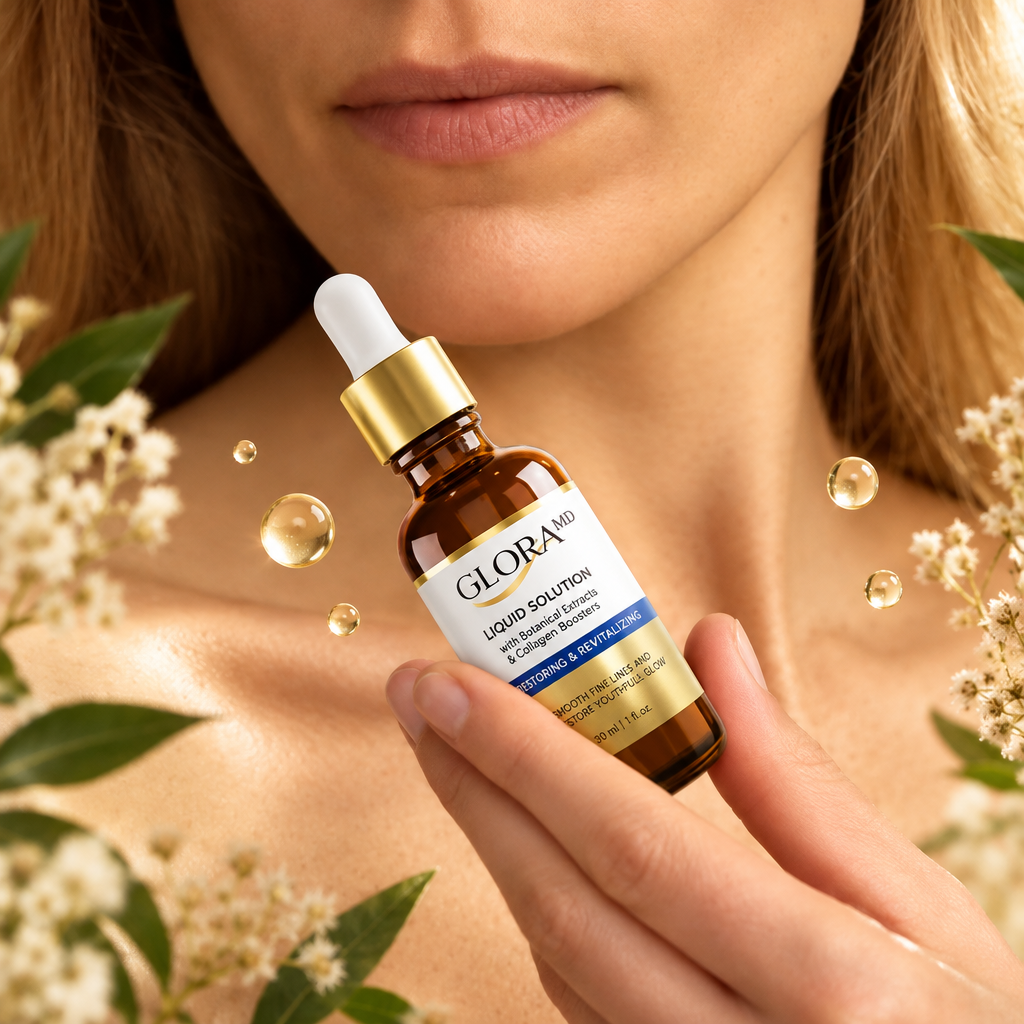 GloraMD Liquid Solution amber glass dropper bottle with gold cap and white label with blue band, on a light surface