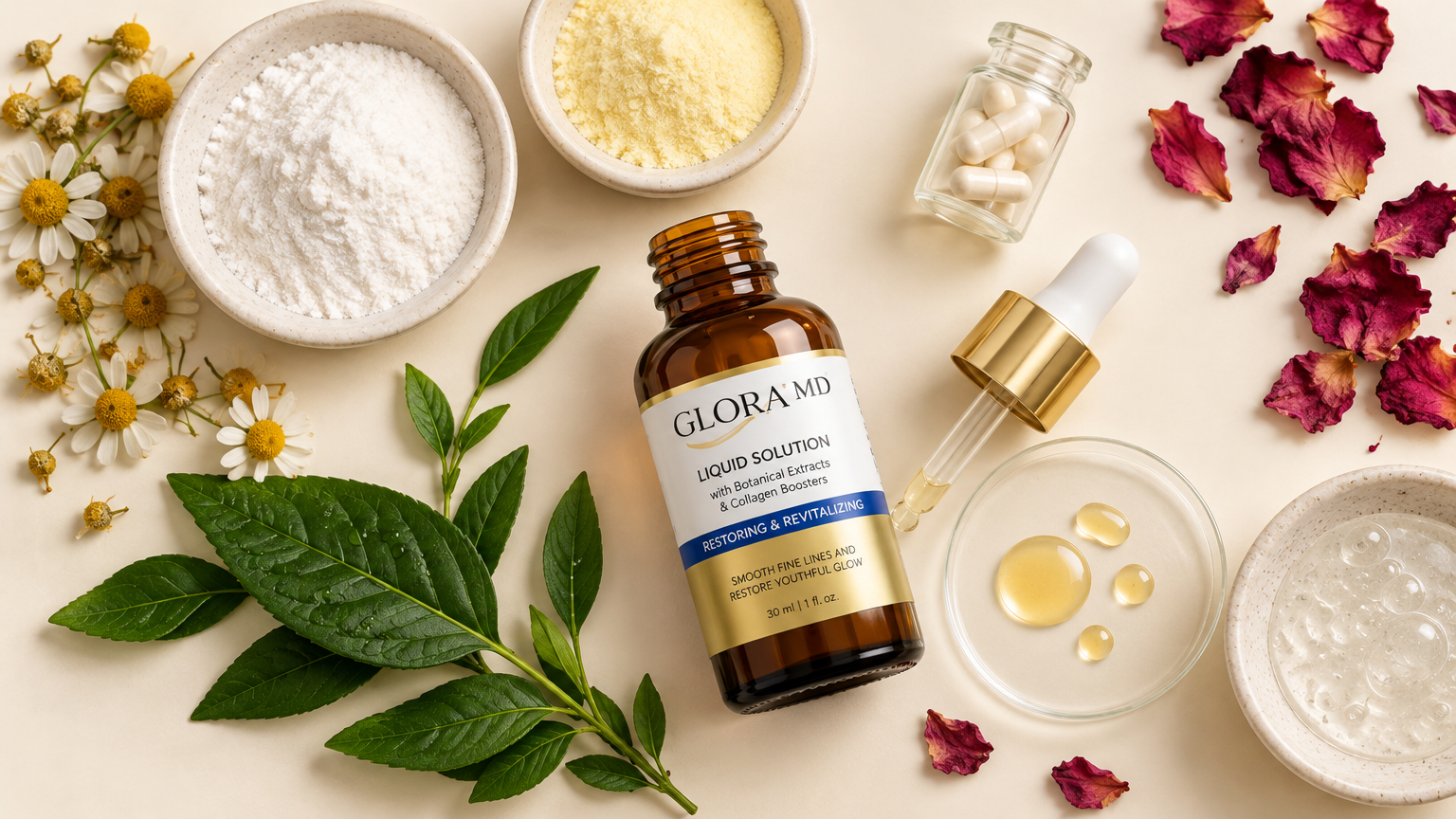 Flat-lay of the declared GloraMD ingredient families around the amber bottle: peptide powders, stabilised vitamin C, botanical flowers and serum base