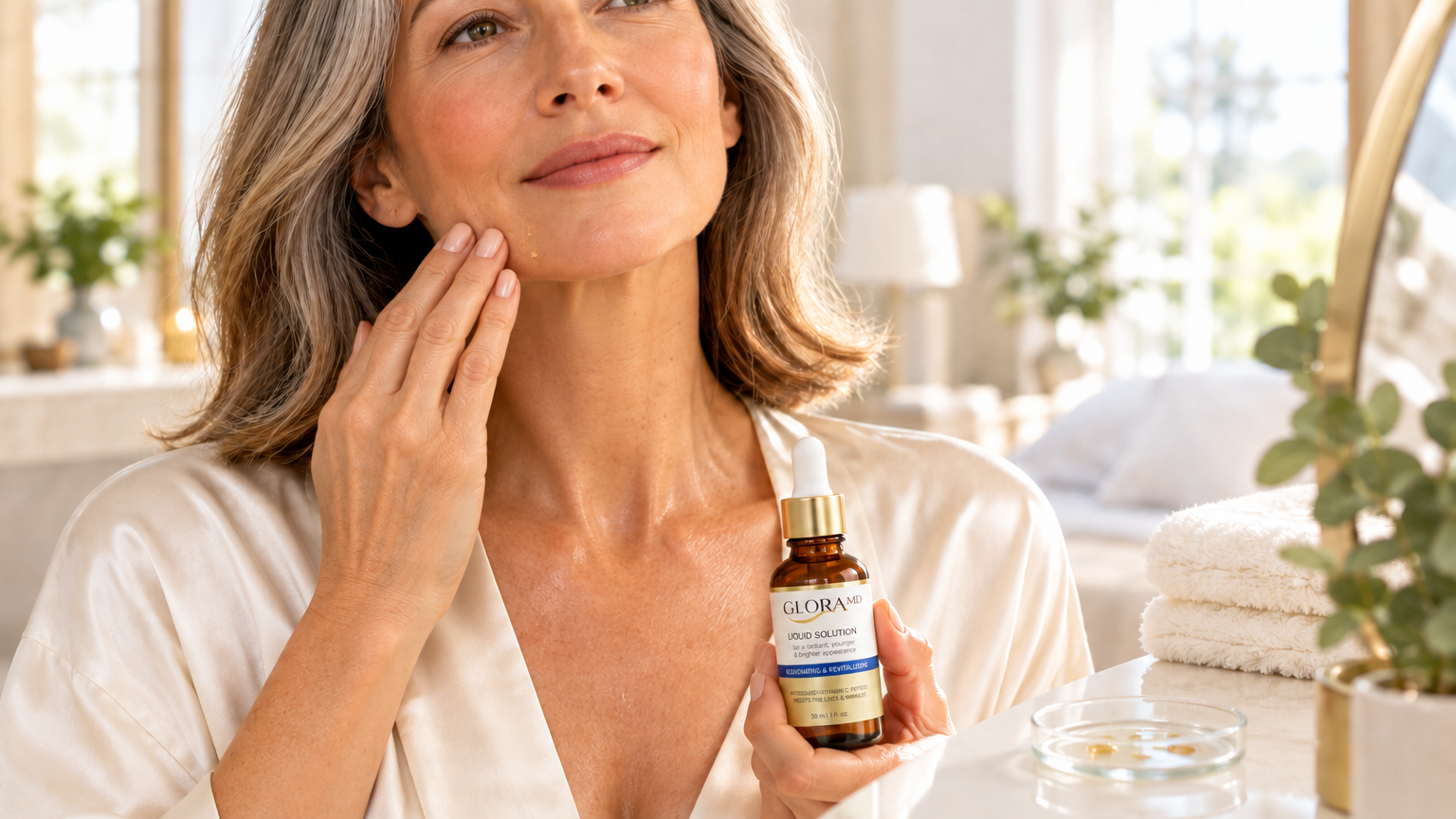 Woman applying GloraMD serum along her jawline and cheek while facing her vanity mirror, holding the amber dropper bottle