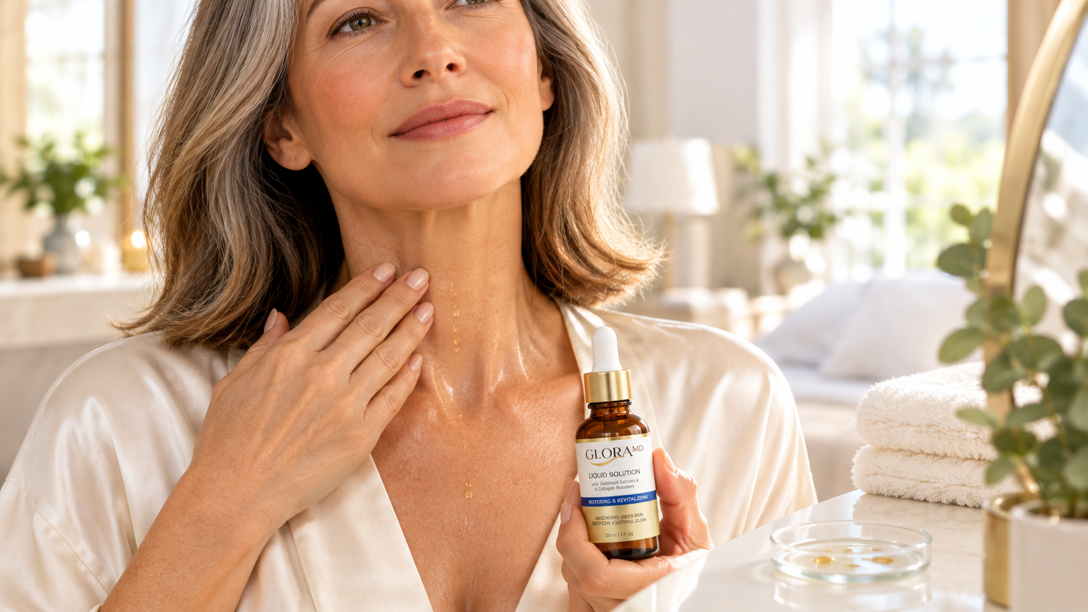 Woman applying GloraMD serum drops to her neck and décolletage in a bright morning vanity scene, with the amber bottle on the counter