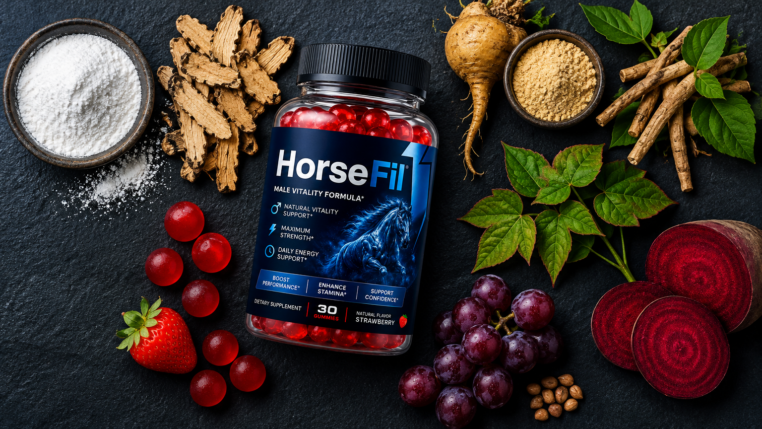 HorseFil ingredients flat-lay showing Tongkat Ali, Maca root, and chewable gummies