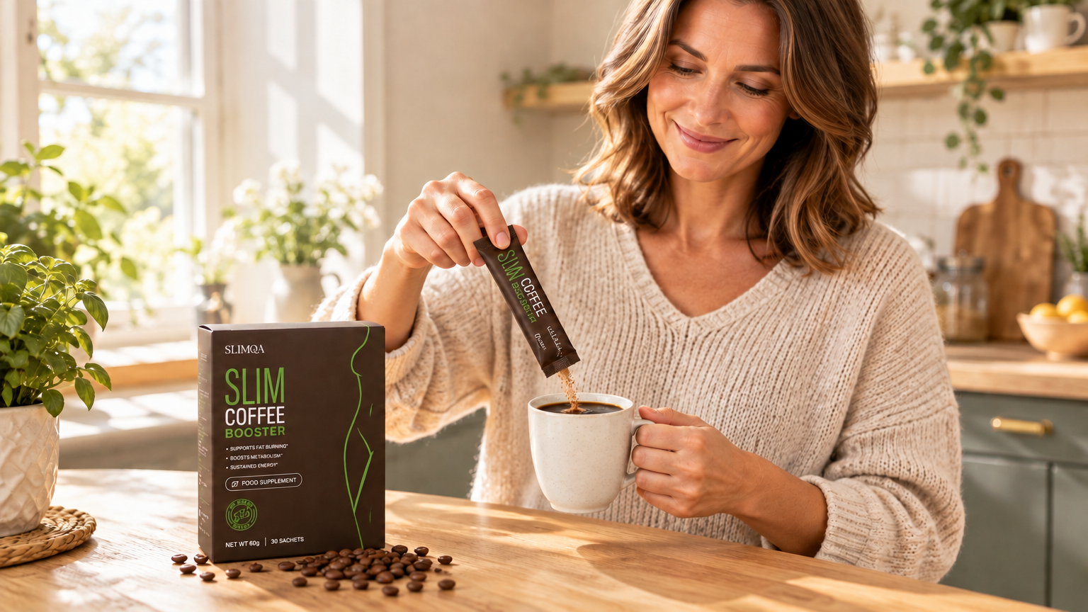 Femme m&eacute;langeant un stick Slimqa dans son caf&eacute; du matin dans une cuisine lumineuse, la bo&icirc;te du produit sur le plan de travail