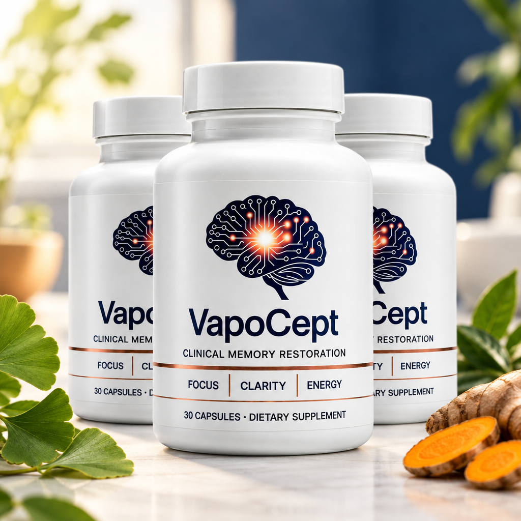 VapoCept Clinical Memory Restoration bottle showing dark blue circuit brain emblem and copper metallic detailing