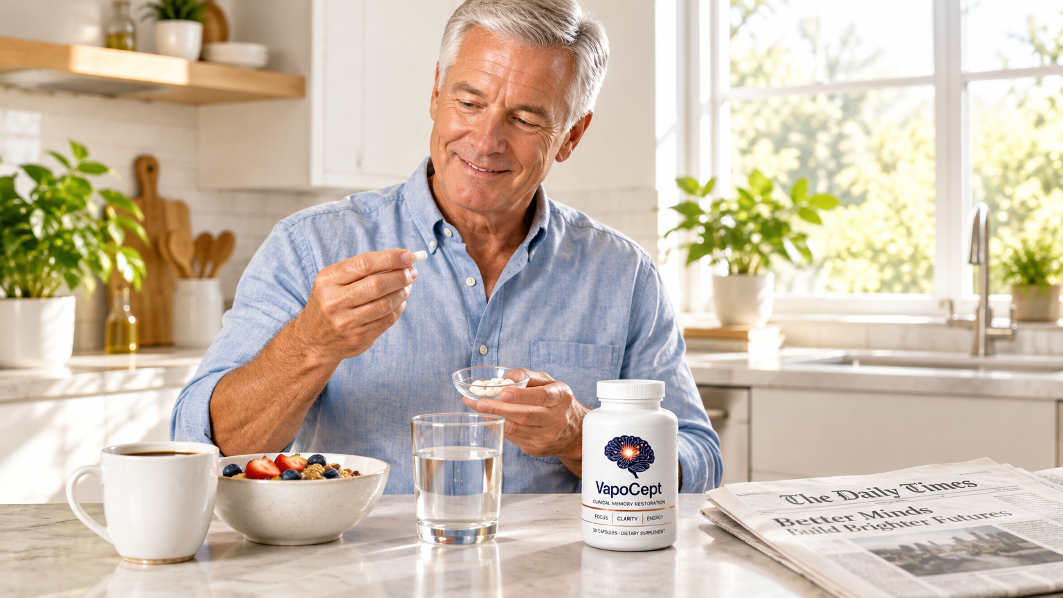Older adult couple examining cognitive dietary supplement bottle in an organized kitchen setting